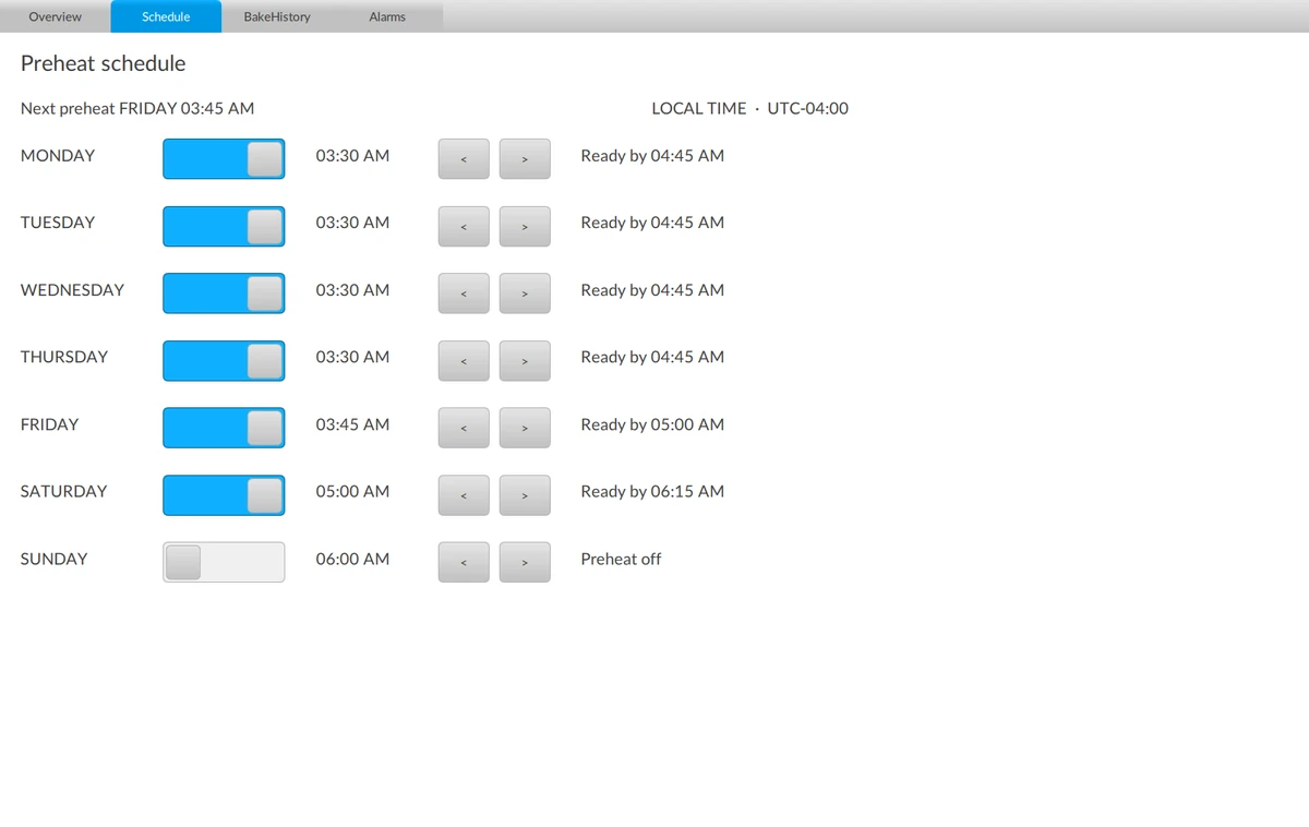 The Schedule screen with Optix's default look: a list of days with default blue switches and grey buttons.